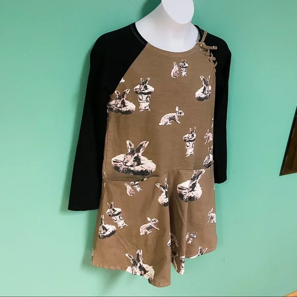 Art & Eden Black & Khaki Green Long Sleeve Bunny Graphic Skater Dress Girls 8
